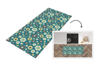Keukenloper 120x50 cm - Keukenmat vinyl Retro - Bloemen - Patronen - Blauw - Keukenmatten loper - Keuken vloerkleed tapijt