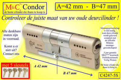 M&C Conder high-tech security deurcilinder 42x47 mm MET 5 SLEUTELS - SKG*** - Politiekeurmerk Veilig Wonen  -  inclusief MilaNNE gereedschap montageset