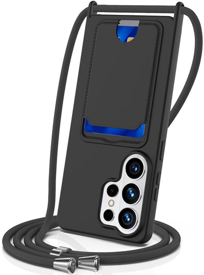 Casety Geschikt voor Samsung Galaxy S26 Ultra - Telefoonhoes met koord en kaarthouder - Zwart