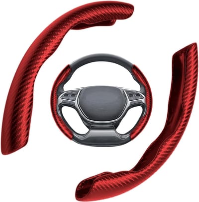 Famanu – Autostuurhoes set van 2 stuks, universeel voor stuurwielen van 36-40 cm, van koolstofvezel, antislip en ultralicht, rood