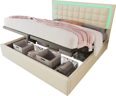 Wishdor – Gestoffeerd Bed 180x200 cm – LED 60.000+ Kleuren & Hydraulische Opbergruimte – Kunstleer Wit – tot 226 kg