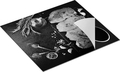 Chefcare Inductie Beschermer Vlees met Kruiden op een Marmeren Plaat - Zwart Wit - 60x50 cm - Afdekplaat Inductie - Kookplaat Beschermer - Inductie Mat