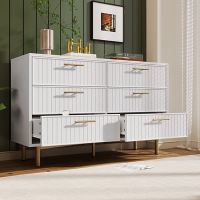 DESMIU Ladekast - Modern Geribbeld Design Met 6 Lades - Opbergkast Voor Slaapkamer En Woonkamer - Spaanplaat En Metaal - 120x40x75 Cm - Wit