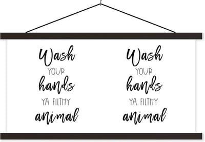 Posterhanger incl. Poster 60x30 cm - Schoolplaat - Spreuken - Quotes - Wash your hands ya filthy animal - Hand - Textielposter - Zwarte latten