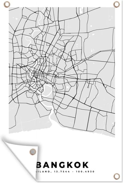 Muurdecoratie Bangkok - Stadskaart - Plattegrond - Zwart Wit - Kaart - 120x180 cm - Tuinposter - Tuindoek