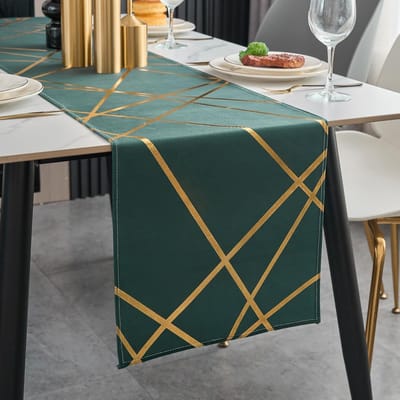 Tafelloper groen goud stof 33 x 140 verjaardag tafeldecoratie polyester fluweel lijnen geometrie modern elegant wasbaar decoratief tafelkleed voor keuken bruiloft feest vakantie