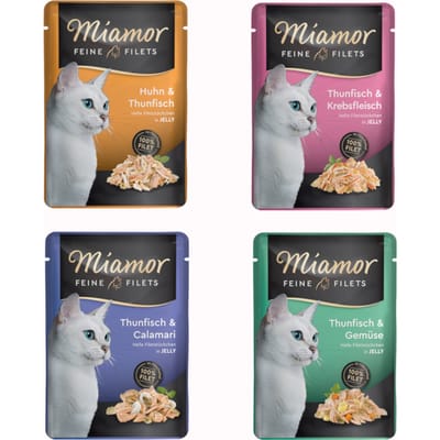 Voordeelpakket Miamor Fijne Filets 24 x 100 g Kattenvoer - Mix: Kip/Tonijn, Tonijn/Krab, Tonijn/Calamari, Tonijn/Groente
