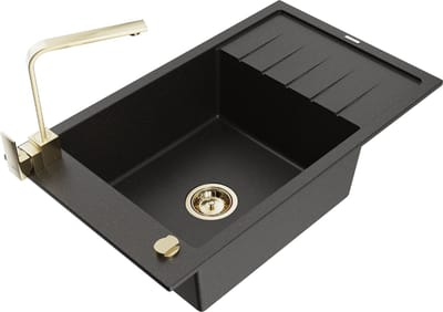 Mexen Elias granieten wastafel 1-kompatibiliteit met afdruiprek en keukenkraan Rita, zwart/goud metallic - 6511-75-670300-50