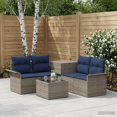 vidaXL - Bankstel - 6 - st - 4-zits - Grijs - en - Marineblauw - Poly - Rattan - en - Staal