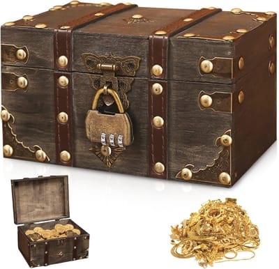 Vintage houten schatkist met cijferslot - Piratenschatkist & Sieradenkistje voor Kinderen - Speelgoed Spaarpot (Grijs)