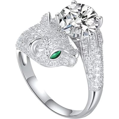 Creatieve Panterhoofd Ring voor Vrouwen - Groene & Witte Zirconia Sieraden | Verstelbaar Open Ontwerp Feest Sieraden resizable white