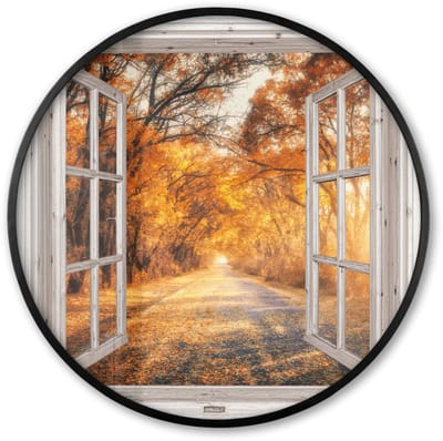 Poster in lijst Rond - Fotolijst 60x60 cm - Posters - Bos - Herfst - Bomen - Bospad - Natuur - Doorkijk - Ronde posterlijst zwart - Decoratie - Wanddecoratie woonkamer - Muurdecoratie slaapkamer