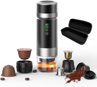 Lordani Draagbaar Koffieapparaat voor Onderweg | Inclusief Tas | Digitale Display | 60ml | 12 Volt | Espresso | Nespresso | Dolce Gusto | Capsule Koffie | Gemalen Koffie | Cups | Oplaadbaar | Draagbare Koffiemachine | Zwart&Zilver