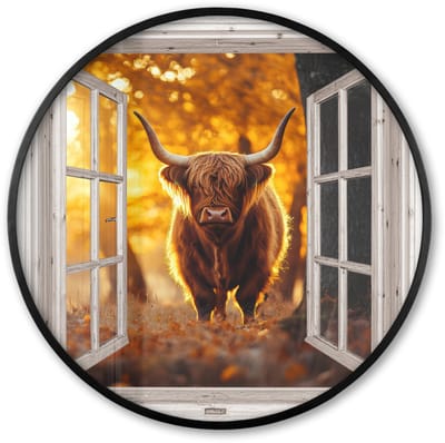 Poster in lijst Rond - Fotolijst 60x60 cm - Posters - Schotse hooglander - Bos - Herfst - Dieren - Natuur - Bladeren - Doorkijk - Ronde posterlijst zwart - Decoratie - Wanddecoratie woonkamer - Muurdecoratie slaapkamer