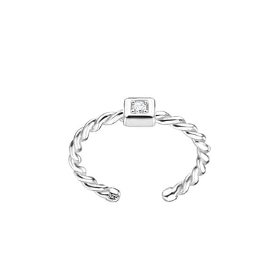 Zilveren teenring - gevlochten - vierkant kristal - 925 zilver