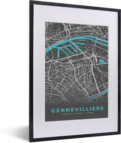 Fotolijst incl. Poster - Gennevilliers - Frankrijk - Plattegrond - Kaart - Stadskaart - 30x40 cm - Posterlijst