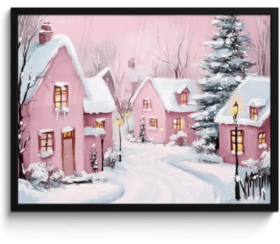 Poster in lijst - Fotolijst 70x50 cm - Posters - Kerstdorp - Roze - Winter - Sneeuw - Huizen - Posterlijst zwart - Decoratie - Wanddecoratie woonkamer - Kerstdecoratie voor binnen - Kerstversiering - Kerstmis versiering in huis - Kerstaccessoires