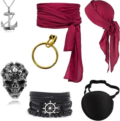 Piratenkostuum Accessoires Set van 7 Stukken met Oorbellen, Oogmasker, Sjaal en Sieraden voor Feestjes en Verkleedpartijen