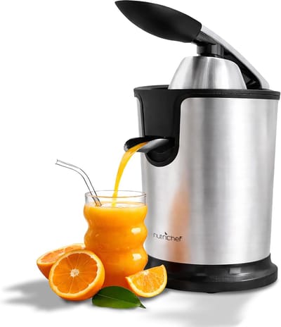Nutrichef Citruspers - Sinaasappelpers Elektrisch - 160 Watt - Handmatige Pershendel - Verstelbaar Vliesfilter - RVS Zilver