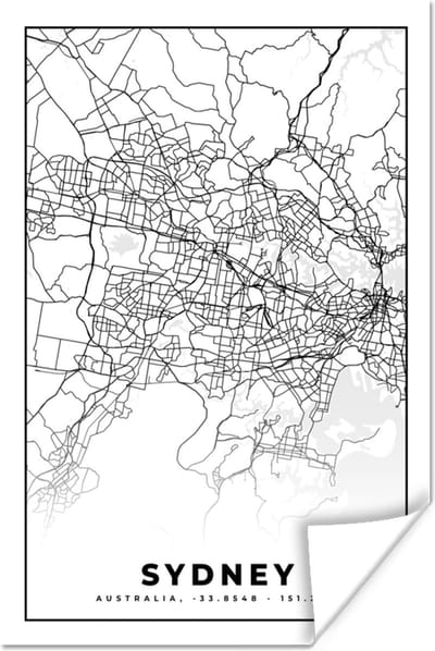 Poster Sydney - Zwart Wit - Plattegrond - Stadskaart - Kaart - 120x180 cm XXL