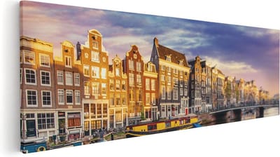 Artaza Canvas Schilderij Amsterdamse Grachten - 60x20 cm - Wanddecoratie Sterrenhemel - Muurdecoratie Boten - Kamer Accessoires