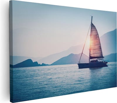 Artaza Canvas Schilderij Zee - 30x20 cm - Klein - Wanddecoratie Zeilboot - Muurdecoratie Zonsondergang - Kamer Accessoires Bergen