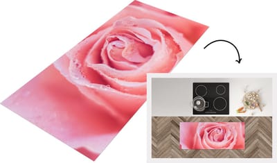 Keukenloper - Loper keuken - Ochtenddauw op de bloembladen van roze roos - 120x50 cm - Keukenloper vinyl
