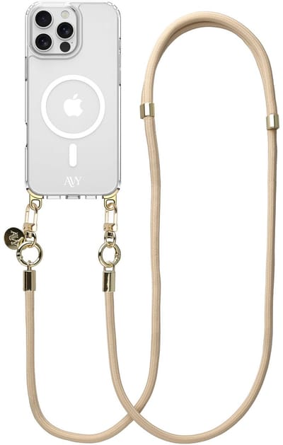 AVY Hoesje geschikt voor Apple iPhone 16 Pro | Compatibel met MagSafe | Clear Case met Telefoonkoord 130CM | Crossbody Tressé Beige