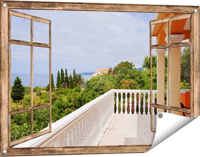Gards Tuinposter Doorkijk Terras in Toscane - 90x60 cm - Tuindoek - Tuindecoratie - Wanddecoratie buiten - Tuinschilderij
