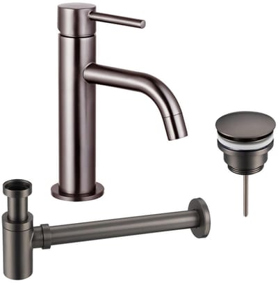 FugaFlow Eccelente Sobrado Badkamer Slim Wastafelkraanset - lage wastafelkraan - klikwaste plug - verlaagde design sifon - PVD Gepolijst Gunmetal