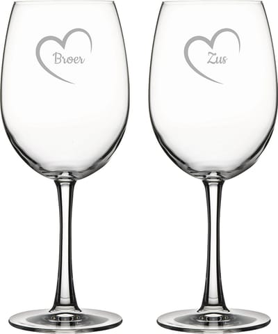 Gegraveerde Rode wijnglas 58cl Broer met hartje & Zus met hartje