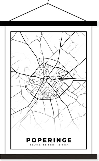 Posterhanger incl. Poster 40x60 cm - Schoolplaat - België – Poperinge – Stadskaart – Kaart – Zwart Wit – Plattegrond - Textielposter - Zwarte latten - Stadskaart
