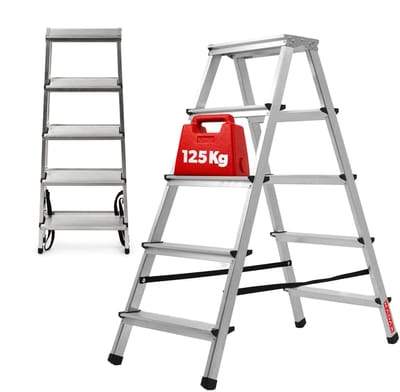KADAX Huishoudladder, trapladder in 5 versies, vouwladder met draagvermogen tot 125 kg, inklapbare dubbelzijdige multifunctionele ladder, aluminium ladder met antislip voeten (5 treden)