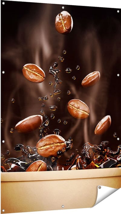 Gards Tuinposter Koffie Beker met Koffiebonen Erin - 100x150 cm - Tuindoek - Tuindecoratie - Wanddecoratie buiten - Tuinschilderij