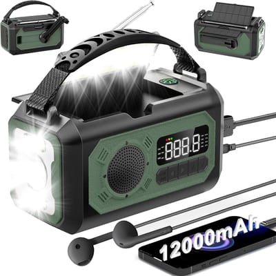 Noodradio - Noodradio's - Draagbare noodradio - 12000mAh Zonnesolar handkraan, AM/FM/NOAA Weeralarmradio, LED zaklamp, leeslamp, SOS-alarm, powerbank, Geschikt voor nood situaties