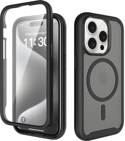 Hoesje met Ingebouwde Screenprotector Geschikt voor Apple iPhone 15 Pro - Compatibel met MagSafe / Qi2 - Full Protect - Schokbestendige Beschermhoes - Case Matte Zwart