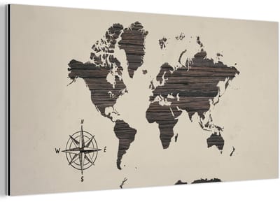 Aluminium schilderij 80x40 cm - Wanddecoratie metaal - Wereldkaart - Hout - Bruin - Metalen muurdecoratie woonkamer - Decoratie industrieel - Foto op dibond - Industriële accessoires slaapkamer
