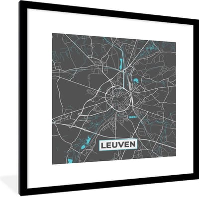 Fotolijst incl. Poster - België – Leuven – Stadskaart – Kaart – Blauw – Plattegrond - 40x40 cm - Posterlijst