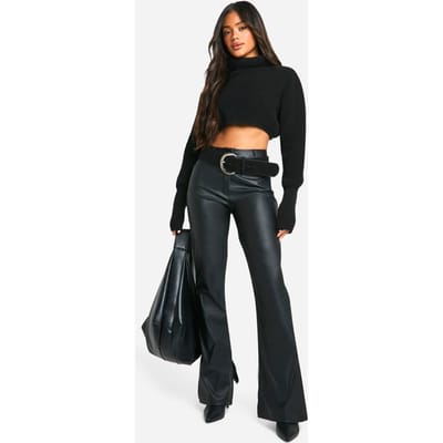 boohoo Dames Broek in leren look met split zoom en rechte pasvorm | Black | Maat: 14