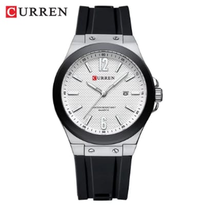 CURREN Horloge 8467 - Zilverkleurig-Zwart-Wit – Heren - Quartz - Ronde Kast - Siliconen Band - Kalender - Lichtgevend - Sporthorloge - Waterbestendig