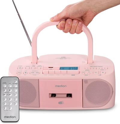 MEDION DRX-1 Plus Boombox (draagbare DAB+ & FM-radio, Bluetooth, cd-speler, MP3, cassette, hoofdtelefoonaansluiting, stereo, AUX, netstroom & batterijen) roze