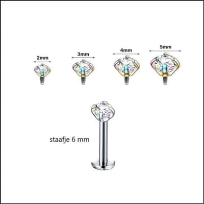 Aramat Jewels | Piercings | RVS Labret Piercing met Ronde Zirkonia 6x1.2mm - Helix Tragus Stud | Zilverkleurig / 5mm / AB Transparant | |3mm | Staal | Volwassenen | Verkleurd niet