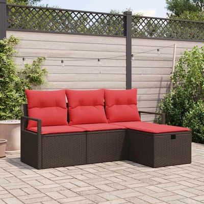 vidaXL - Bankstel - 4 - st - 4-Aantal - zitplaatsen - Bruin - en - Rood - poly - rattan