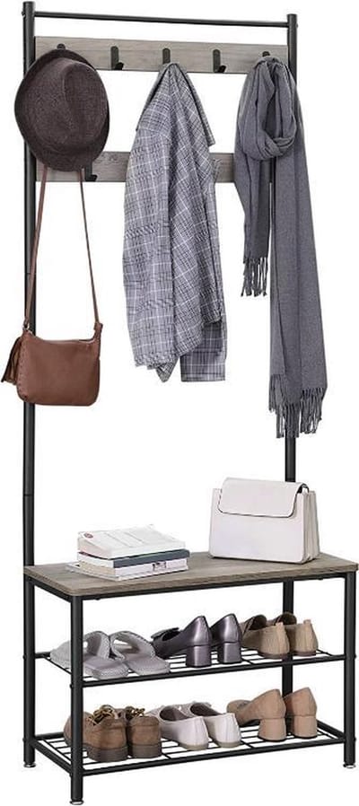 MIRA Home - Kapstok met schoenenrek - Garderoberek - Schoenenrek - Garderoberek met schoenenbank - Industrieel - Hout/Metaal - Grijs/Zwart - 175X70x32cm