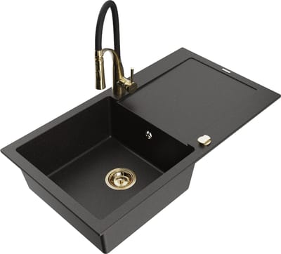 Mexen Leo granieten spoelbak 1-komor met afdruiprek en keukenkraan Aster, zwart/goud metallic - 6501-75-73450-57-G