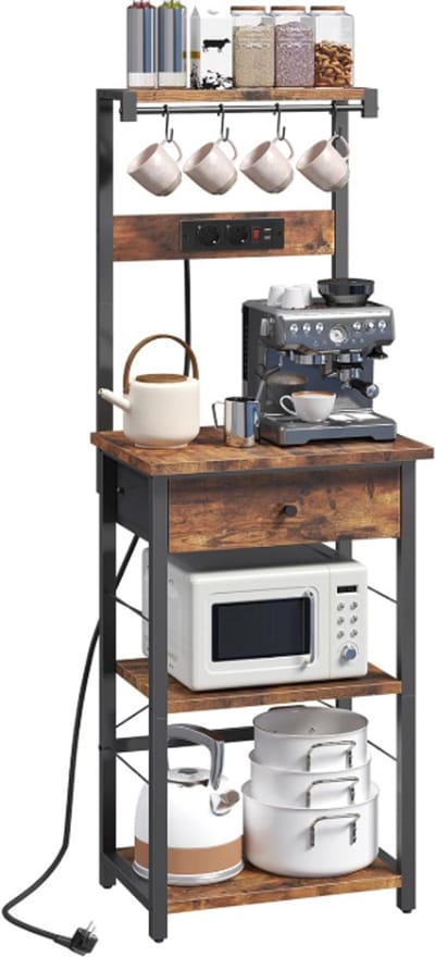 Bakkersrek Keukenrek met Stopcontacten en USB - Industriële Magnetronkast - Keuken Organizer met Lade en Haken - Vintage Bruin Zwart - Coffee Bar Rek - Opbergrek Keuken - Magnetron Stelling - Multifunctioneel Keukenmeubel