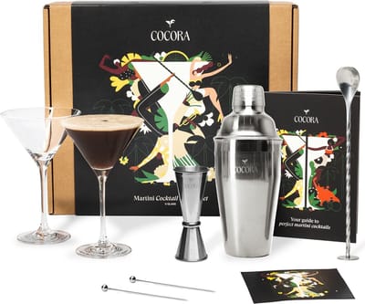 Cocora Martini Geschenkset - 8-delige RVS Cocktail Set - Cocktail Shaker - Cocktail Maatbeker - Martini Glazen - Receptenboek met o.a. Espresso, Pornstar Martini - Zilver