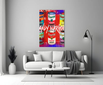 Popart Glasschilderij – Iconisch Blikjesdesign – 72x46 cm – Moderne Wanddecoratie op Gehard Glas