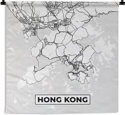 Wandkleed - Wanddoek - Hong Kong - Stadskaart - Zwart Wit - Plattegrond - Kaart - 180x180 cm - Wandtapijt