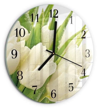 Tulup Wandklok - Tulpen Klok Glas Met Opdruk - 30fi cm - Wit Moderne Wandklok Glas - Zwarte Handen - Ronde Wandklok - Wandklok Glas Decoratie - Gekleurde Glazen Klok
